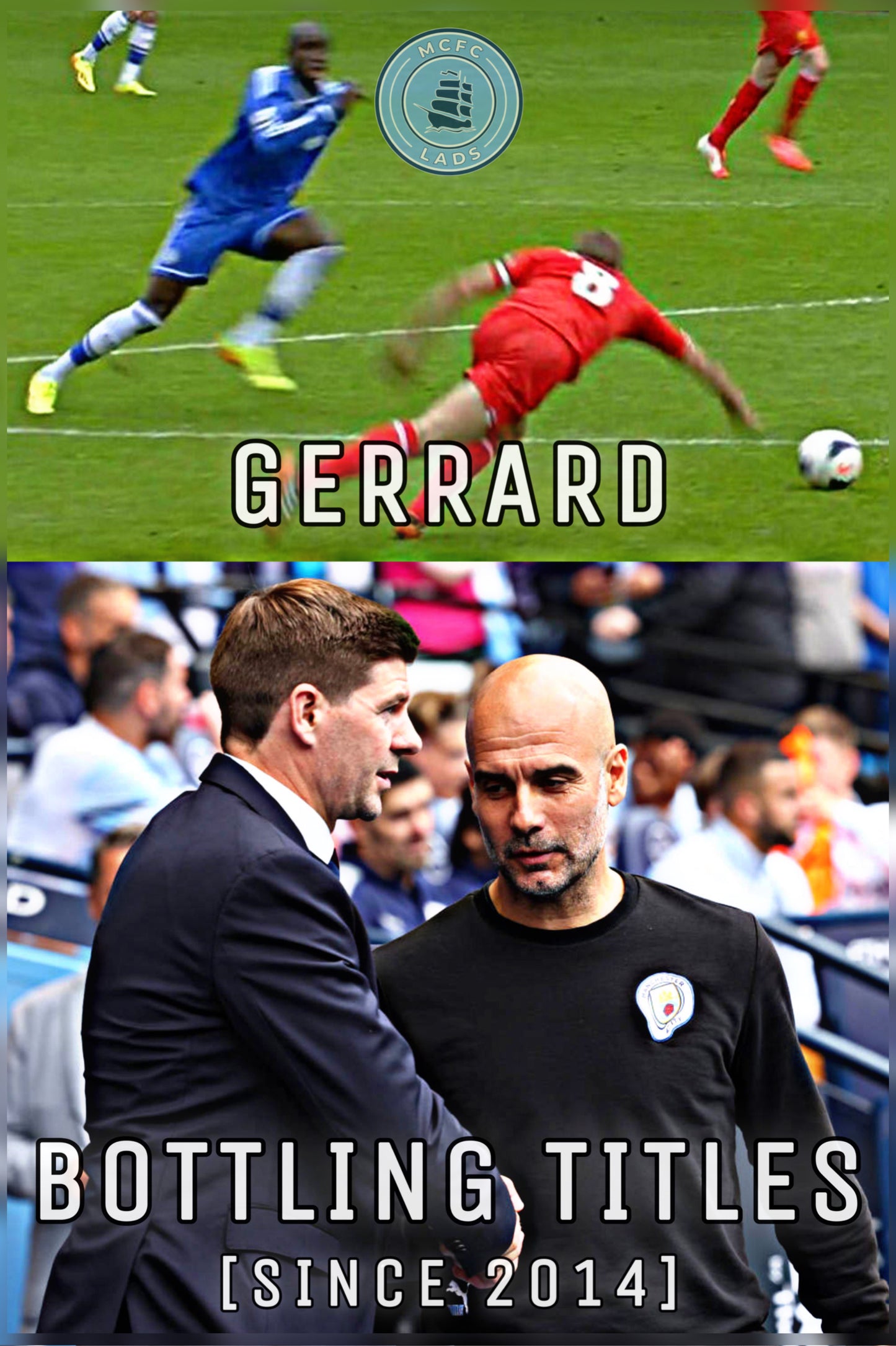 50 x ‘GERRARD - BOTTLING TITLES SINCE 2014’ Manchester City Stickers.